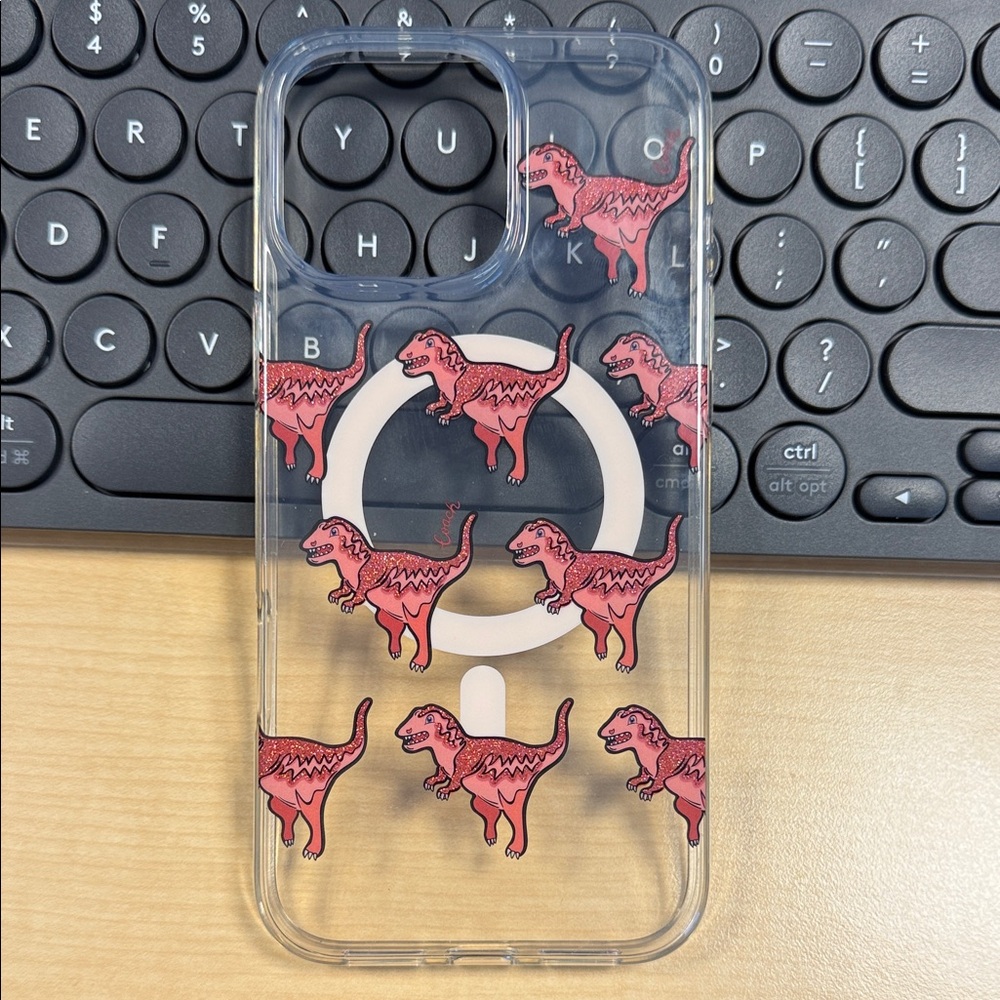Coach Clear Phone Case with Pink Dinosaur Design IPhone 16 PROMAX  *Authentic*